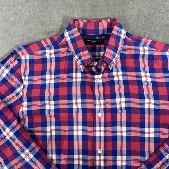Banana Republic Mens Medium Red Blue Plaid Button Down Classic Fit Shirt - Picture 2 of 6